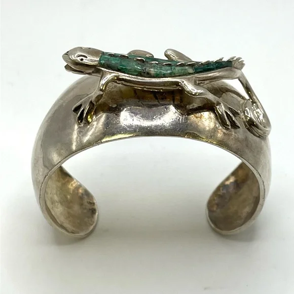 Taxco Sterling Silver Cuff Bracelet with Turquoise Inlaid Lizard 3D 925 Large - Picture 4 of 8